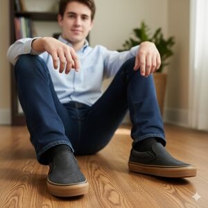 🖤 Vans Men's Slip-On Shoes - Black Denim & Gum Sole | Size 12 US 👞
